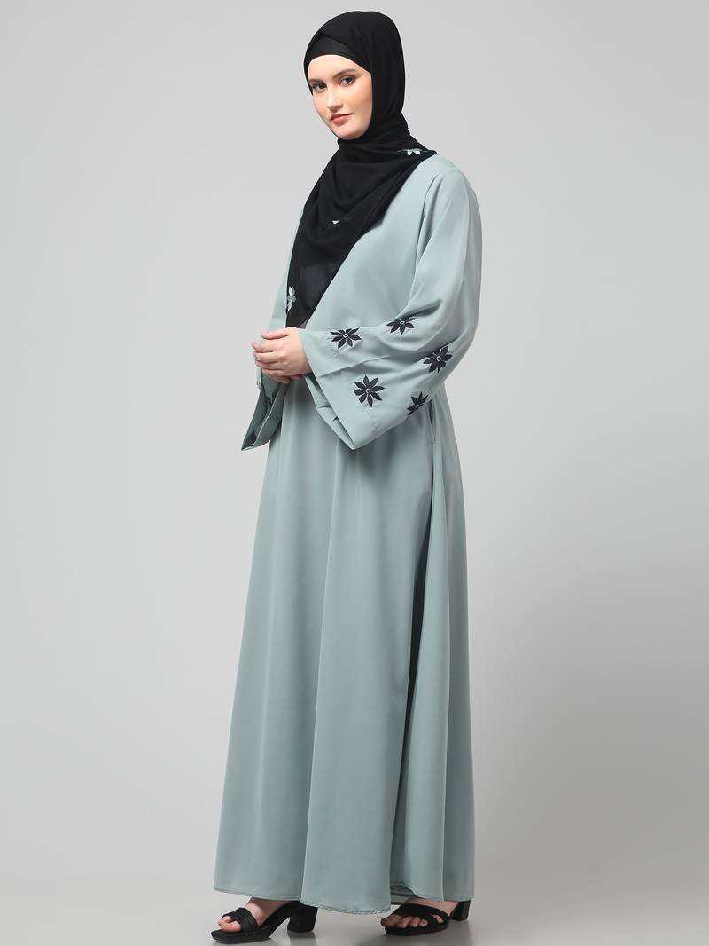 flowers embboidery at sleeve and hijab a line flare at bottom abaya with hijab