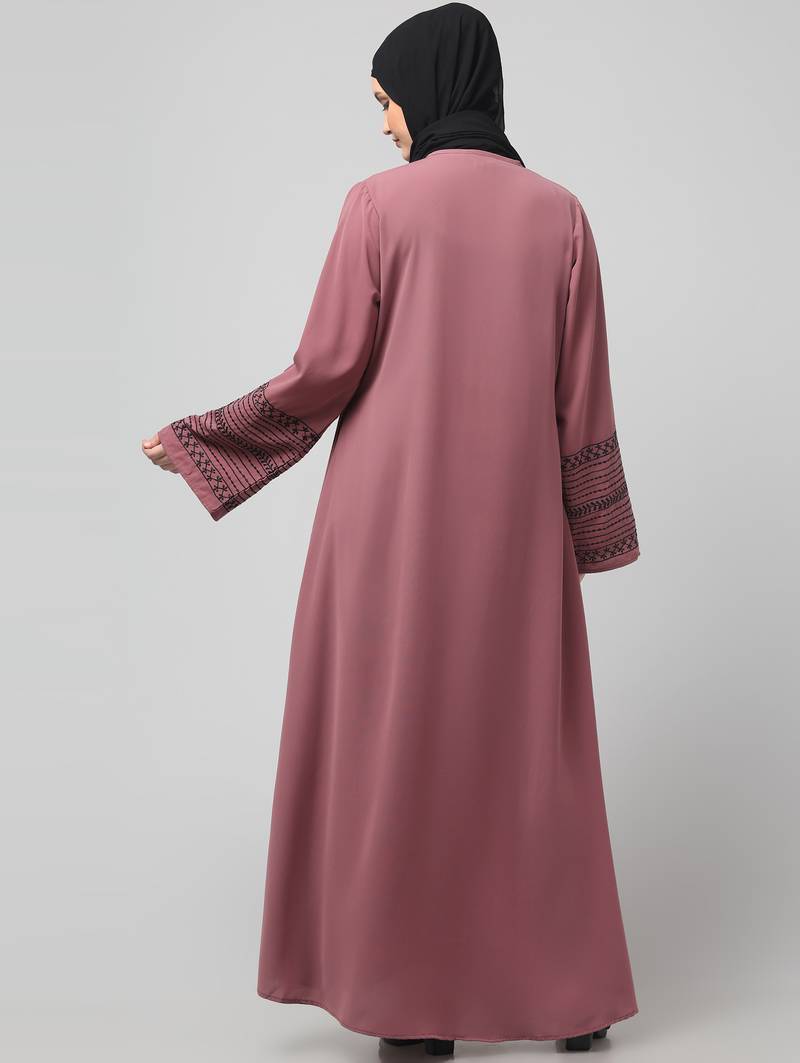 sleeves and hijab flowers and lines embroidry front open abaya