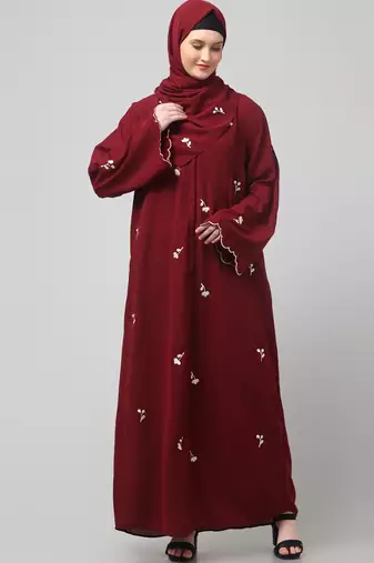 all over and hijab small flower embroidery front open abaya