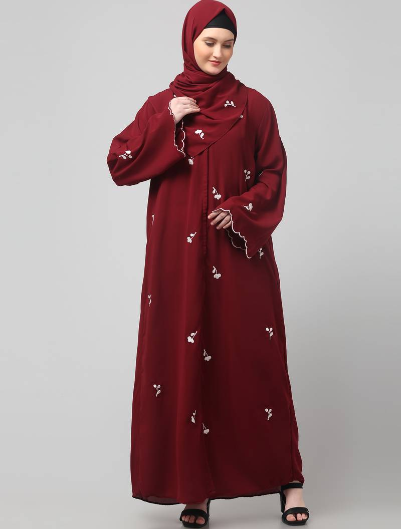 all over and hijab small flower embroidery front open abaya
