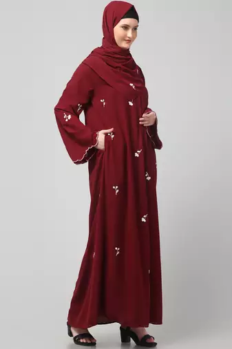 all over and hijab small flower embroidery front open abaya