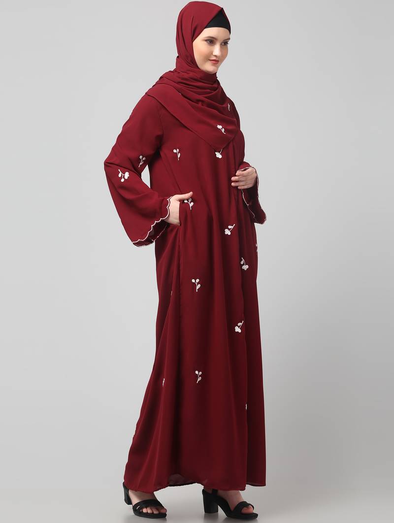 all over and hijab small flower embroidery front open abaya