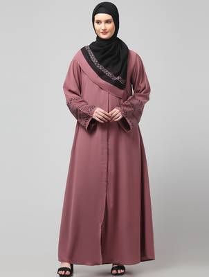 sleeves and hijab flowers and lines embroidry front open abaya 3