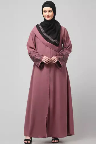 sleeves and hijab flowers and lines embroidry front open abaya