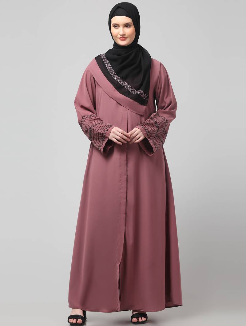 sleeves and hijab flowers and lines embroidry front open abaya