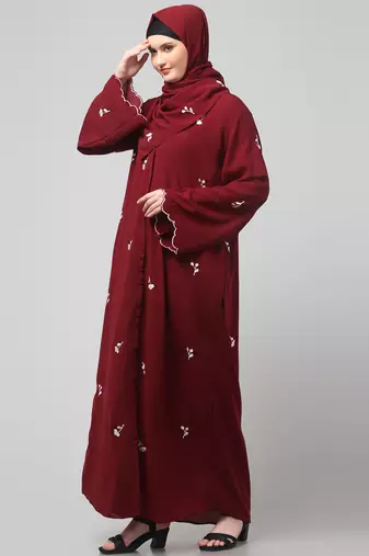 all over and hijab small flower embroidery front open abaya