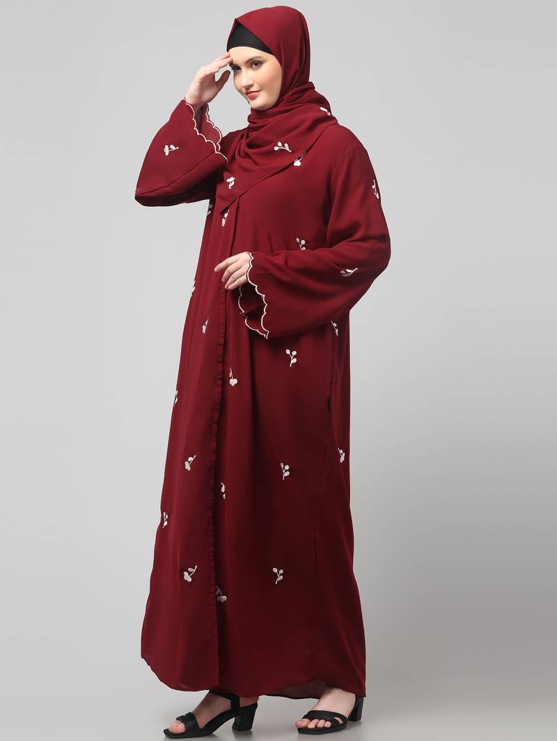 all over and hijab small flower embroidery front open abaya