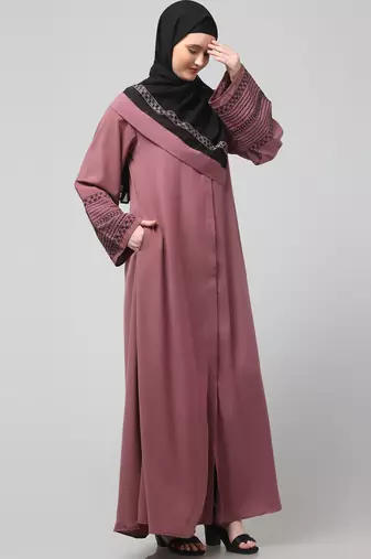 sleeves and hijab flowers and lines embroidry front open abaya