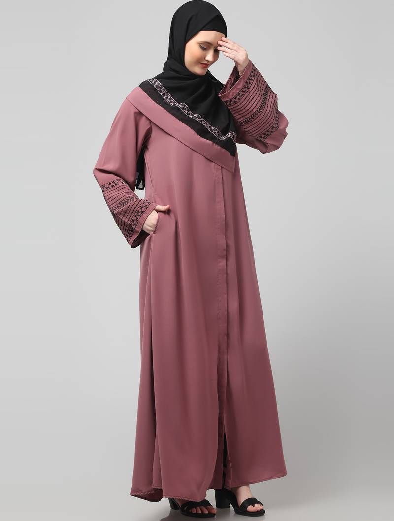 sleeves and hijab flowers and lines embroidry front open abaya