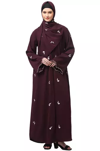 all over and hijab small flower embroidery front open abaya