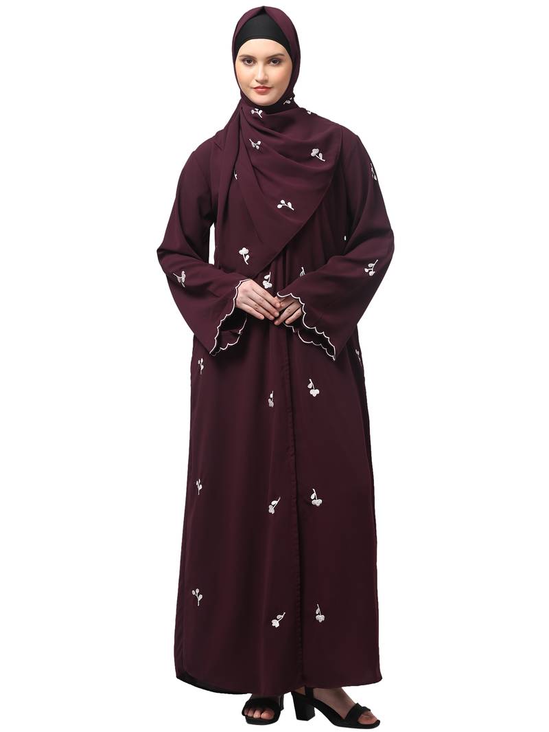 all over and hijab small flower embroidery front open abaya
