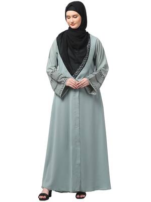 sleeves and hijab flowers and lines embroidry front open abaya 1