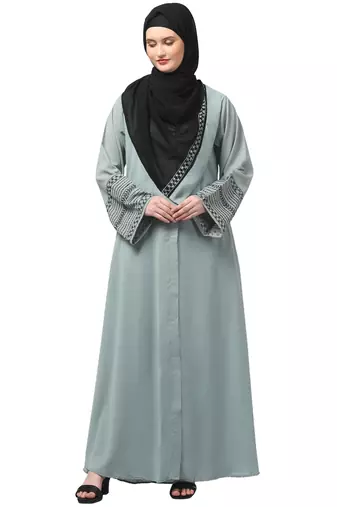 sleeves and hijab flowers and lines embroidry front open abaya