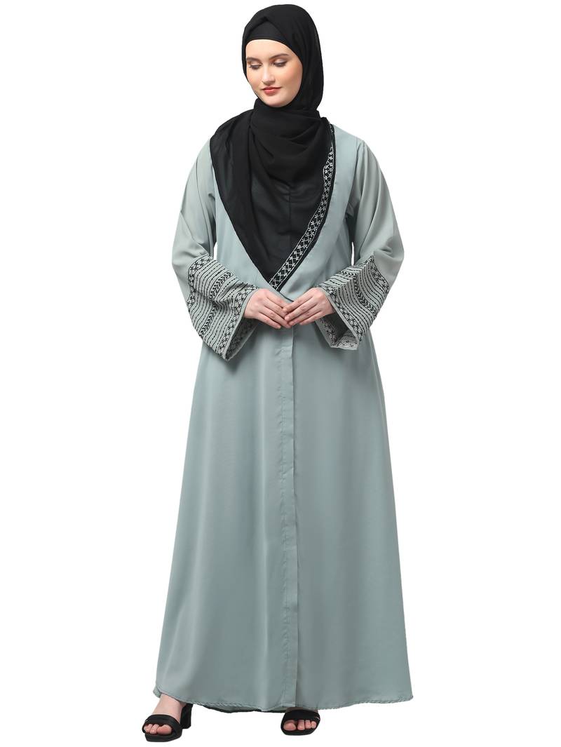sleeves and hijab flowers and lines embroidry front open abaya