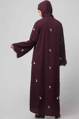 all over and hijab small flower embroidery front open abaya