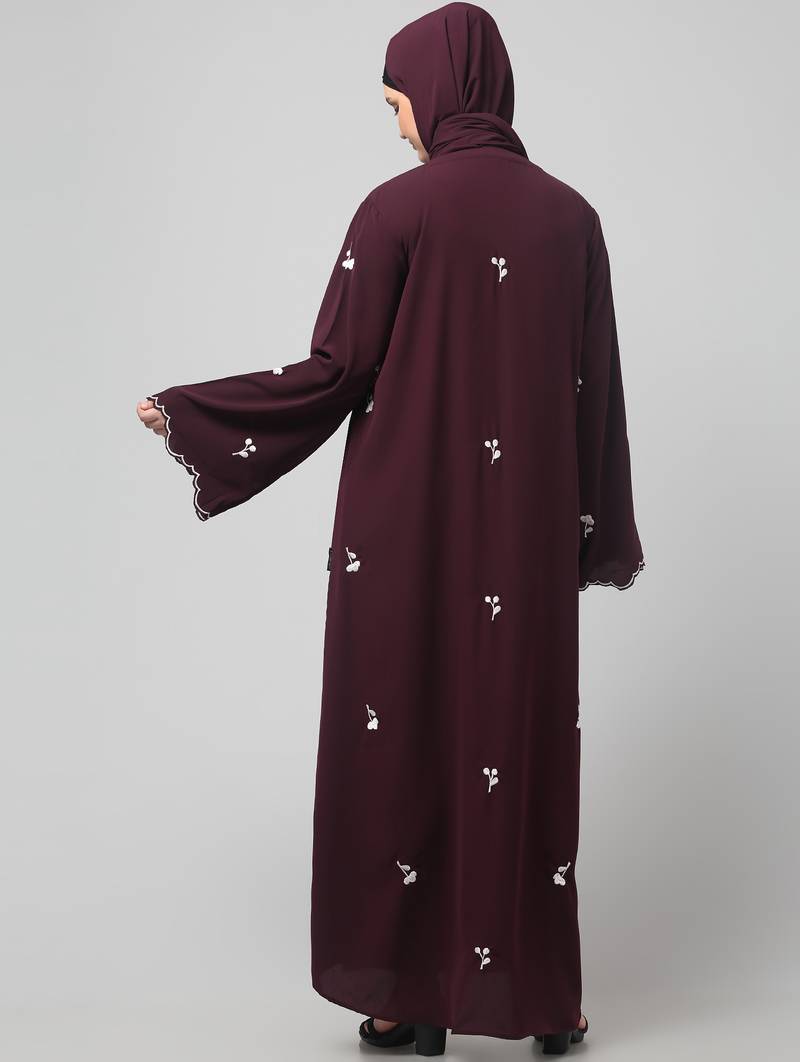 all over and hijab small flower embroidery front open abaya