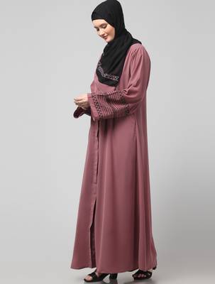 sleeves and hijab flowers and lines embroidry front open abaya 5