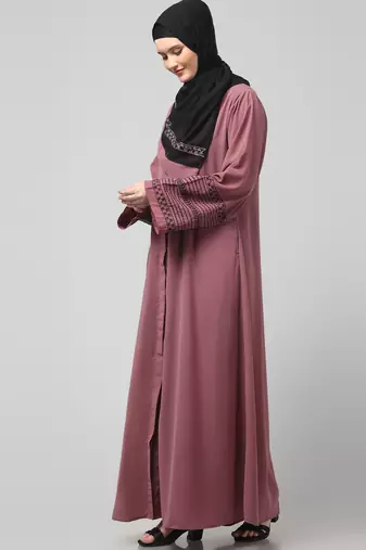 sleeves and hijab flowers and lines embroidry front open abaya