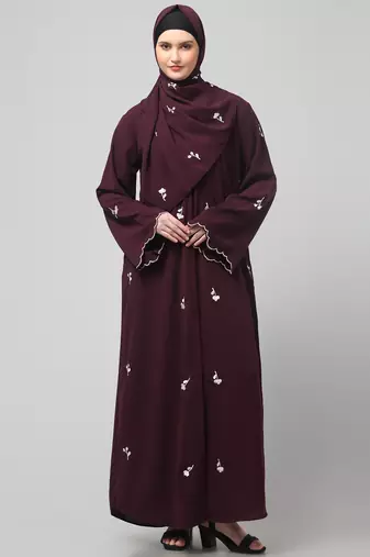 all over and hijab small flower embroidery front open abaya