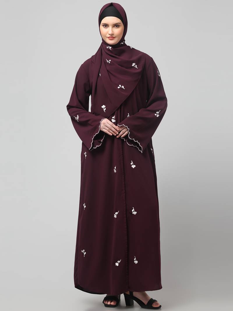 all over and hijab small flower embroidery front open abaya