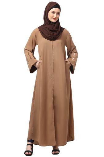 embroidery at sleeve 2 side pocket front open abaya