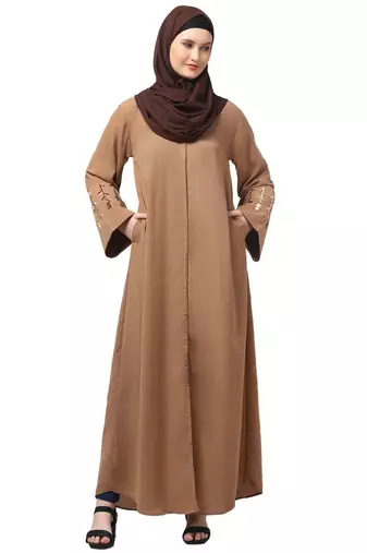 embroidery at sleeve 2 side pocket front open abaya