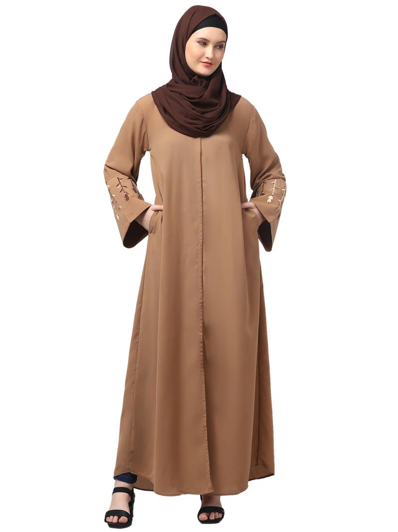 embroidery at sleeve 2 side pocket front open abaya