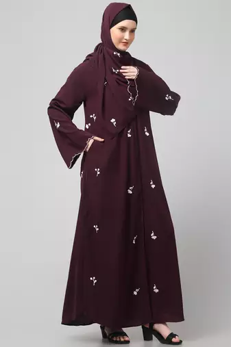 all over and hijab small flower embroidery front open abaya