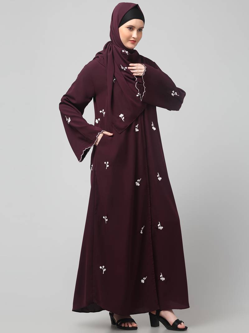 all over and hijab small flower embroidery front open abaya