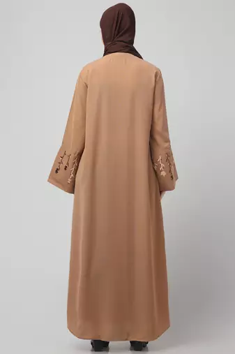 embroidery at sleeve 2 side pocket front open abaya
