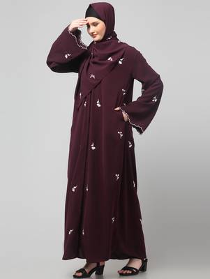 all over and hijab small flower embroidery front open abaya 5