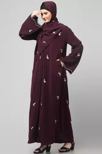 all over and hijab small flower embroidery front open abaya