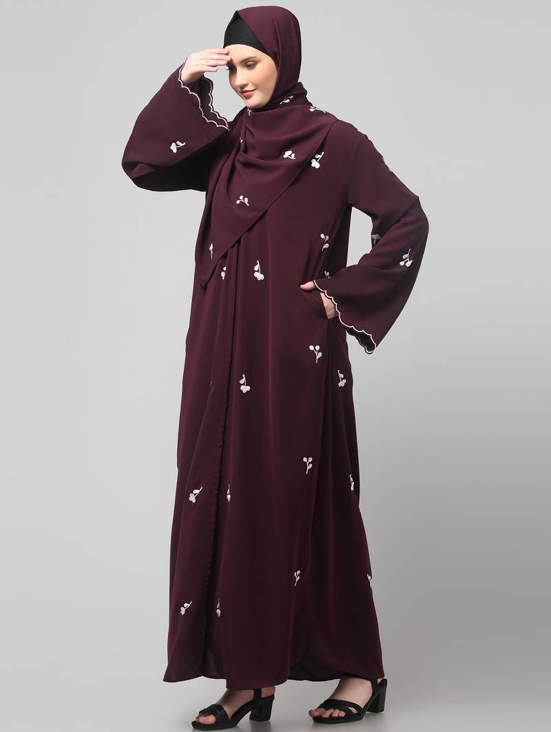 all over and hijab small flower embroidery front open abaya