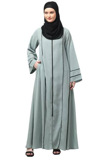 front open with zip contrast piping at front and sleeves matt nida abaya with hijab