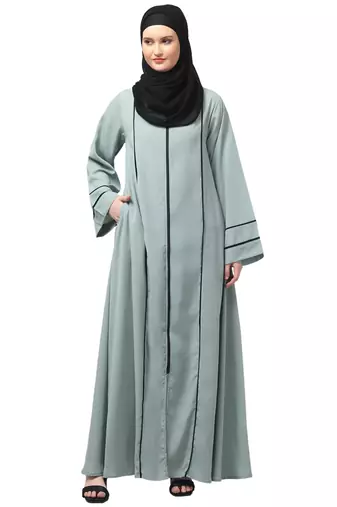 front open with zip contrast piping at front and sleeves matt nida abaya with hijab