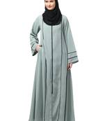 front open with zip contrast piping at front and sleeves matt nida abaya with hijab