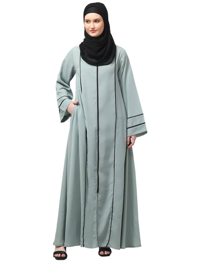 front open with zip contrast piping at front and sleeves matt nida abaya with hijab