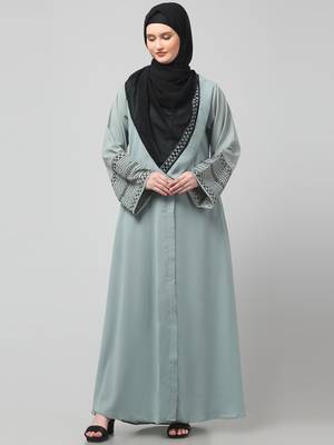 sleeves and hijab flowers and lines embroidry front open abaya 3