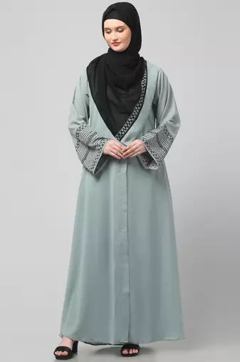 sleeves and hijab flowers and lines embroidry front open abaya