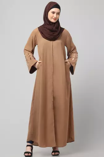embroidery at sleeve 2 side pocket front open abaya