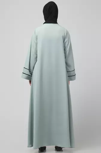 front open with zip contrast piping at front and sleeves matt nida abaya with hijab