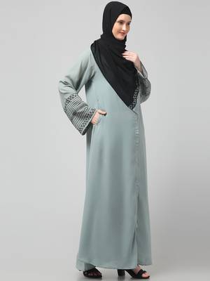 sleeves and hijab flowers and lines embroidry front open abaya 4
