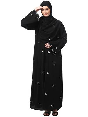 all over and hijab small flower embroidery front open abaya 1
