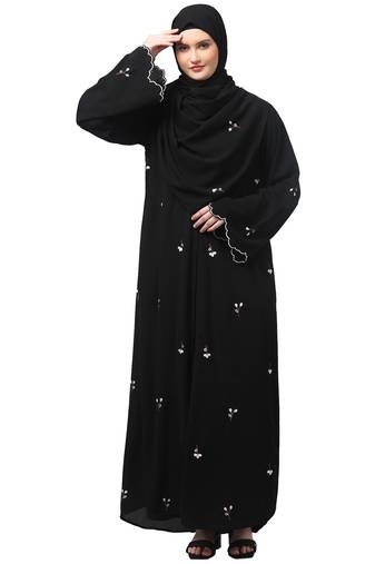 all over and hijab small flower embroidery front open abaya