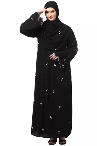 all over and hijab small flower embroidery front open abaya