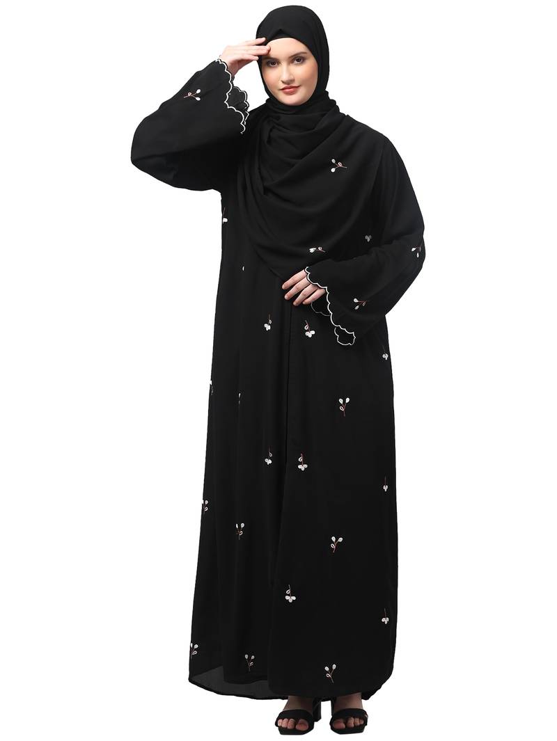 all over and hijab small flower embroidery front open abaya