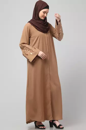 embroidery at sleeve 2 side pocket front open abaya
