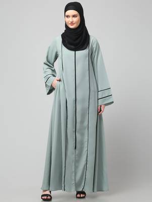 front open with zip contrast piping at front and sleeves matt nida abaya with hijab 3