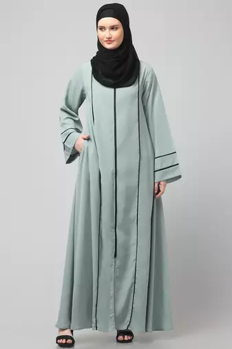 front open with zip contrast piping at front and sleeves matt nida abaya with hijab
