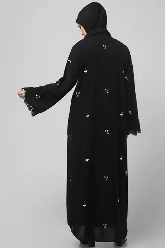 all over and hijab small flower embroidery front open abaya